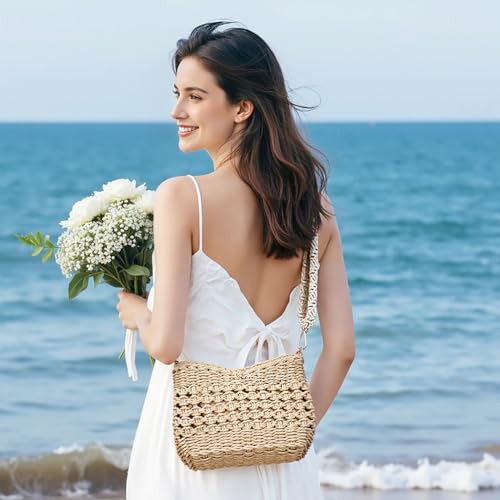 Herald Small Summer Crossbody Bags for Women, Beach Handmade Straw Woven Pocketbooks Handbag Shoulder Purse