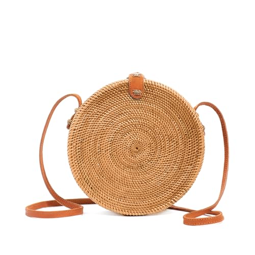 Novum Crafts Round Rattan Bag for Women - Handmade Ata Wicker Woven Purse - Circle, Square, Oval Brown Straw Boho Bags | Handmade, Ata, Woven, Straw, Bags