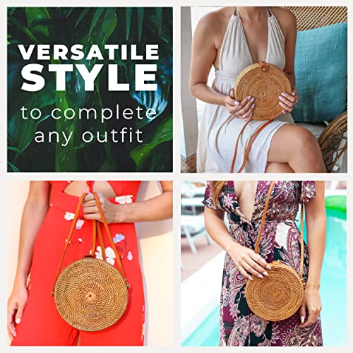 Novum Crafts Round Rattan Bag for Women - Handmade Ata Wicker Woven Purse - Circle, Square, Oval Brown Straw Boho Bags | Handmade, Ata, Woven, Straw, Bags